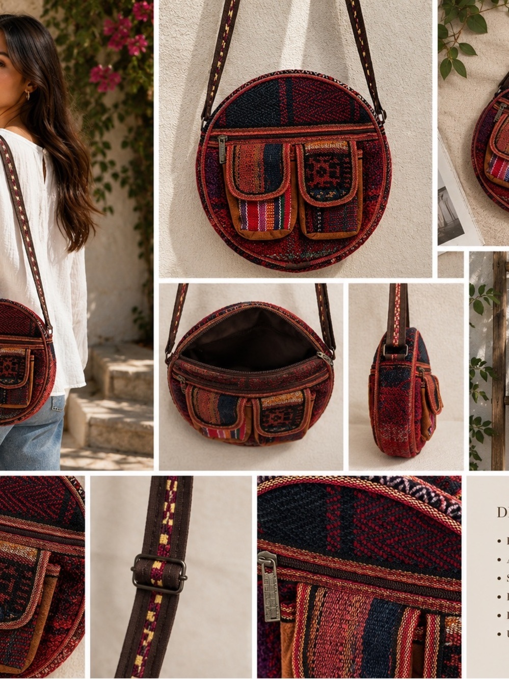 Boho Round Crossbody Bag in Red and Black - Picture 12 of 12